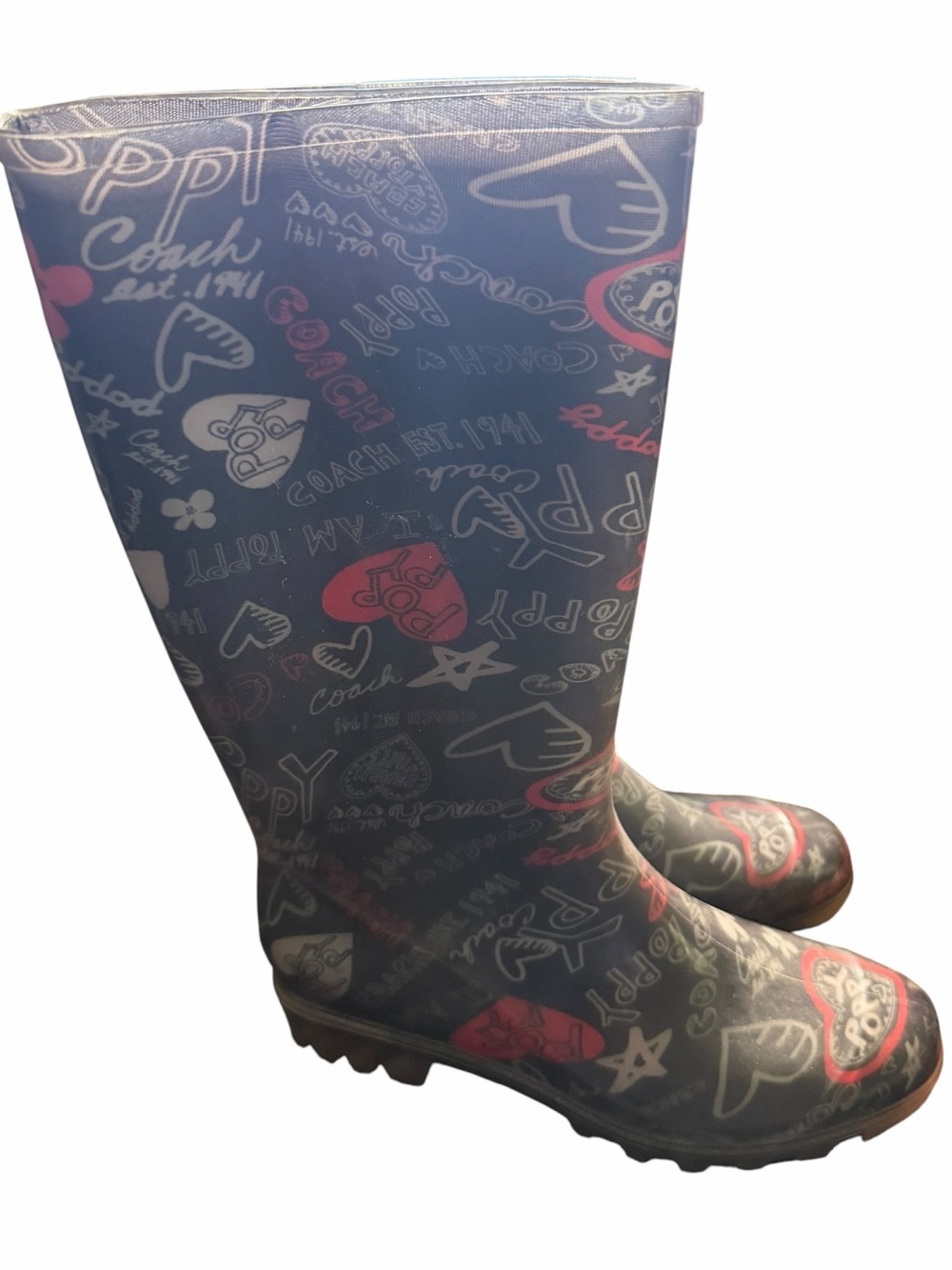 Coach Poppy Multicolor Logo Rain Boots - Black & Red 8